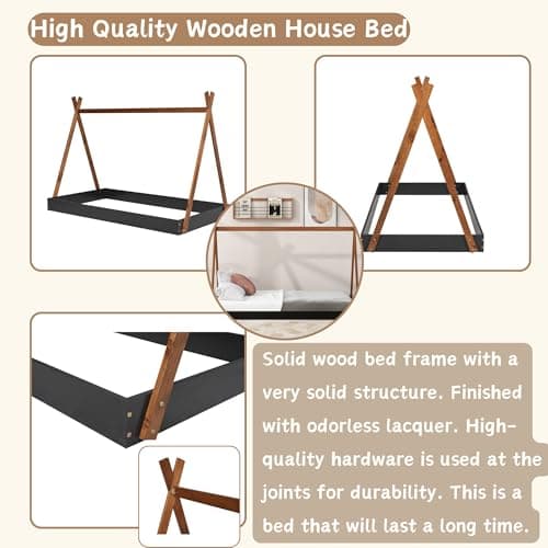 Montessori Style Black & Brown Wood Teepee Bed for Kids
