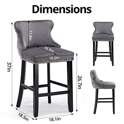 Velvet Upholstered Counter Height Bar Stools Set of 2 for Kitchen Island or Dining Room, Gray