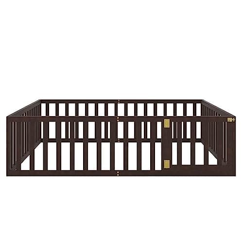 Montessori Floor Bed for Kids in Queen Size, Walnut Wood Frame with Fence and Door