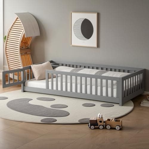 Twin Size Wood Montessori Bed with Convertible Door & Safety Guardrails for Kids, Espresso