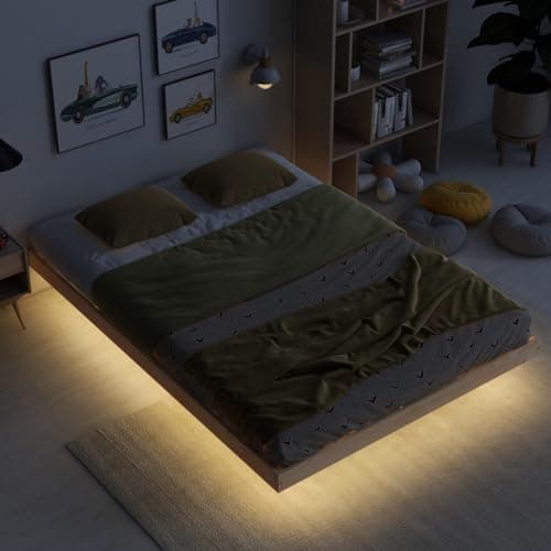 Full Size Floating Bed with LED Lights and Solid Wood Platform Frame