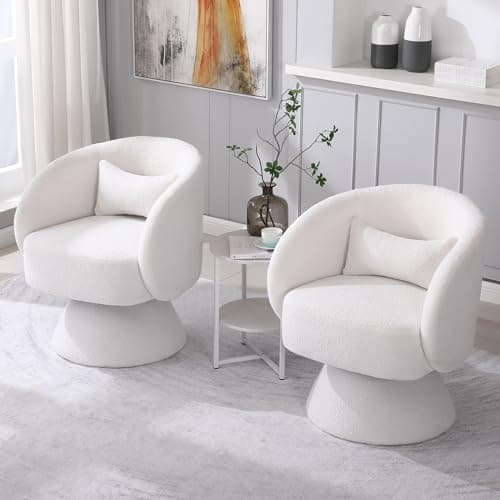 KIVENJAJA Sherpa Teddy 360° Swivel Armchair, White Pillowed Boucle Living Room Chair