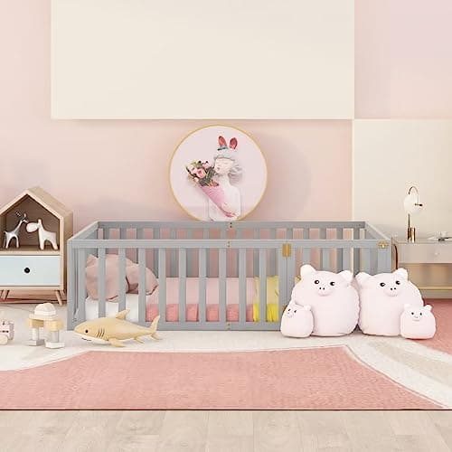Full Size Montessori Floor Bed with Fence and Door, Grey Wood Daybed for Boys and Girls