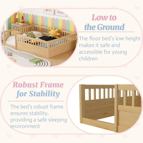 Montessori Full Size Floor Bed with High Rails for Kids, Natural Wood
