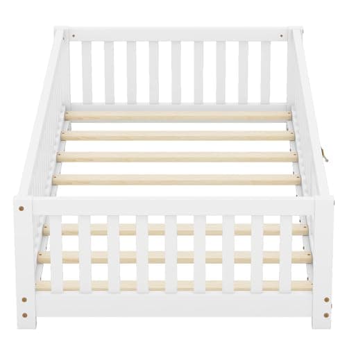 Twin Size Montessori Floor Bed with Door & Safety Guardrails, Solid White