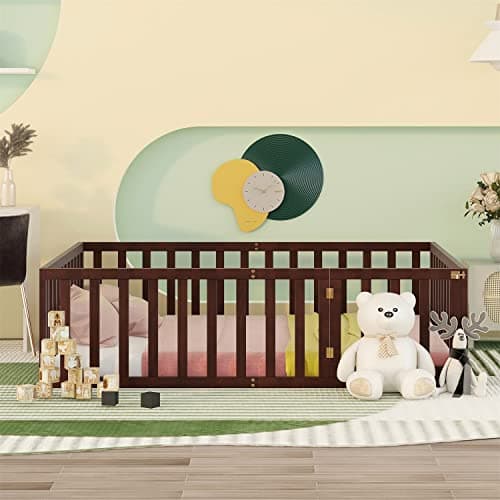 Full Size Montessori Bed Frame with Safety Guardrails and Door, Walnut