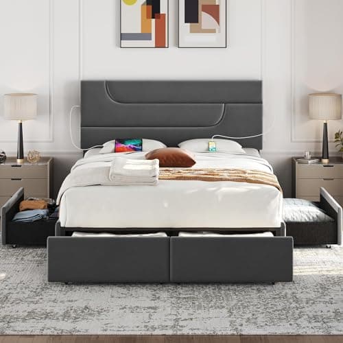Yaheetech Dark Gray Queen Bed Frame with USB Charging & Storage Drawers