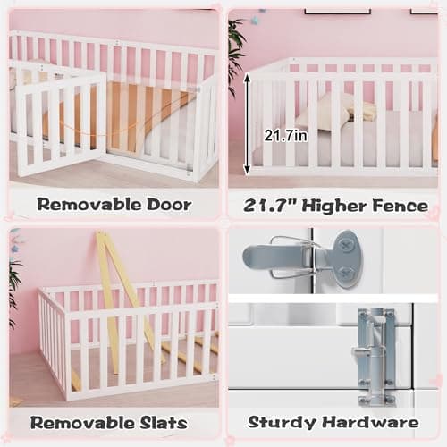 Twin Size Wood Montessori Bed with Guardrails & Detachable Door, White