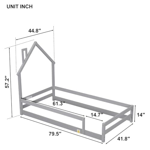 Montessori Twin Floor Bed with House-Shaped Headboard and Fence Guardrails