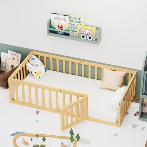 Montessori Twin Size Floor Bed for Children, Wood Frame with Fence & Door, Natural Color