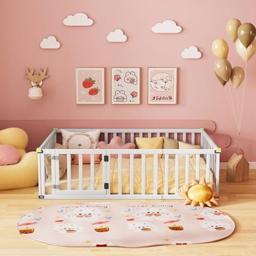 ROOMTEC Full Size Montessori Floor Bed for Kids, White Safety Bed Frame