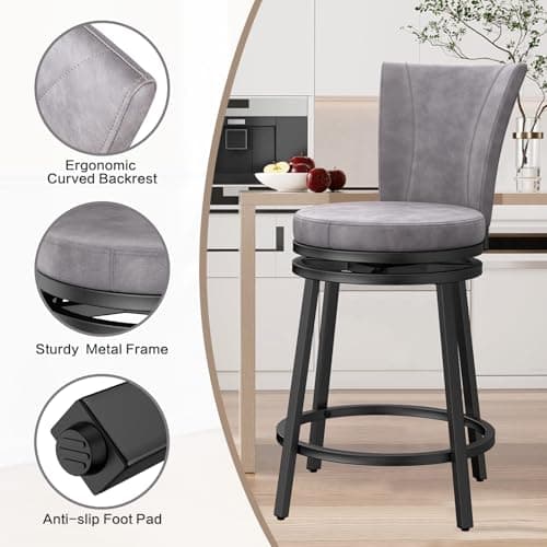Grey Faux Leather Swivel Bar Stools, 24.5" Metal Counter Height Chairs