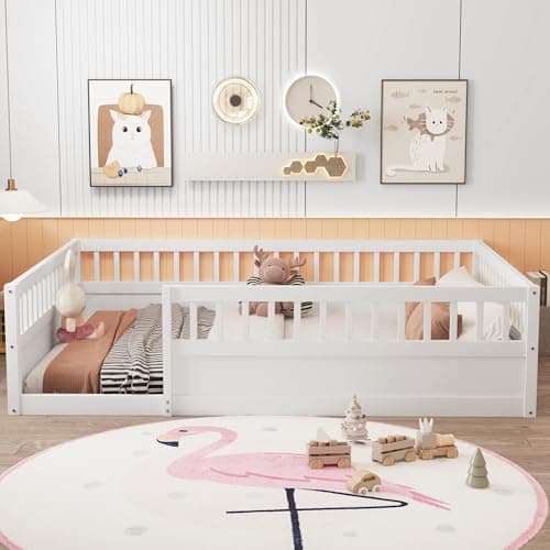 Montessori Ball & Cast Full Floor Bed Frame with Fence, White, No Box Spring Needed