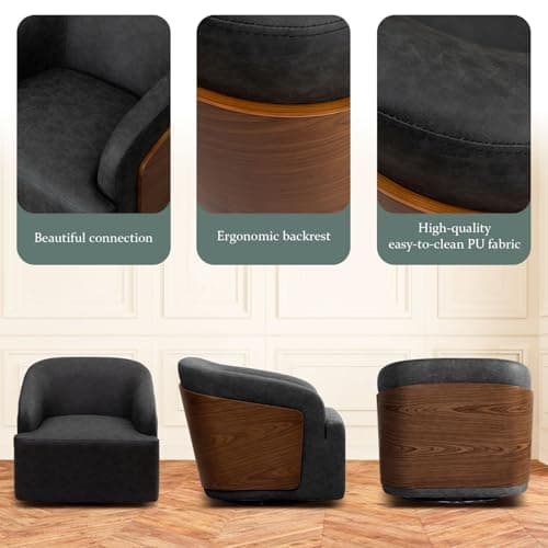 Mid Century Modern Black Swivel Leather Accent Chair Comfortable Living Room Office Armchair