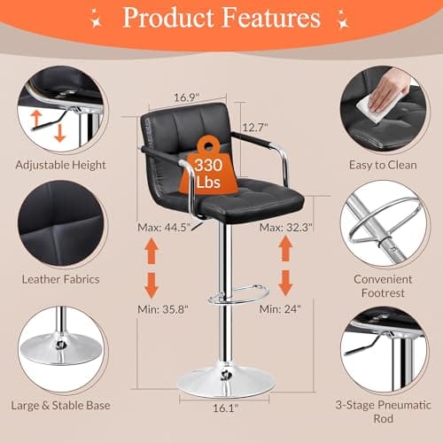 4 Pack ZENY Black PU Leather Bar Stools with Back & Arms, Modern Swivel Kitchen Dining Chair
