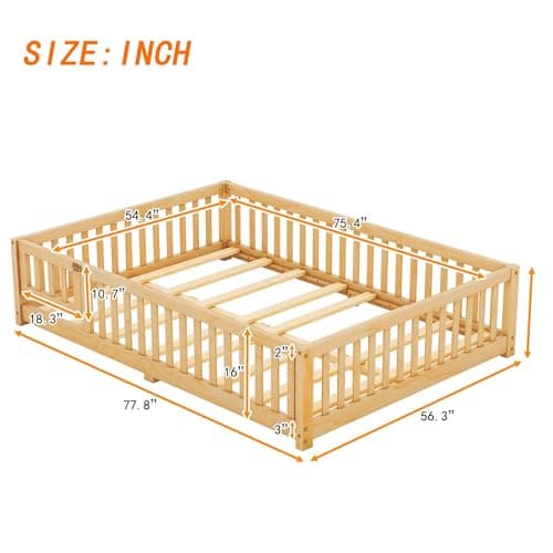 Full-Size Montessori Floor Bed with Slats & Center Support Bar (Natural)