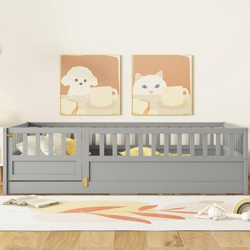 Gray Full Size Montessori Floor Bed with High Fence & Door
