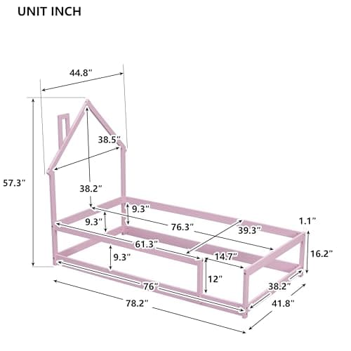 Montessori Twin Floor Bed for Kids with Roof & Guardrails, Pink