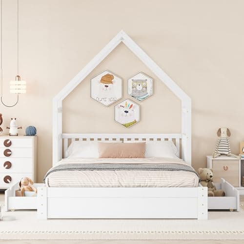 LUSPAZ Beige Queen Size Floor Bed with Shell Headboard and Vertical Seams