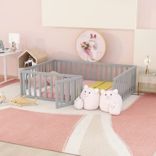 Montessori Metal Floor Bed for Kids with Door & Safety Guards, White