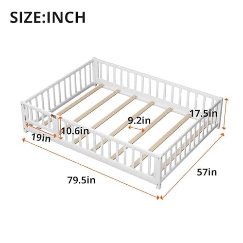 JINS&VICO Full Size Montessori Floor Bed with Door & Safety Guards, White