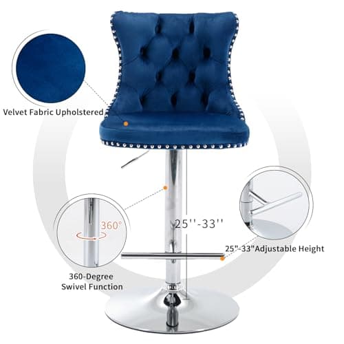 Navy Velvet Swivel Bar Stools, Tufted Back, Silver Chrome Base (2 Pcs)