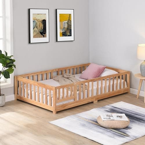 Queen Size Pine Wood Floor Bed Frame with Door and Rails - Grey