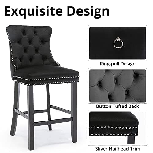Velvet Counter Height Bar Stools Set of 2, Button Tufted with Nailheads Trim