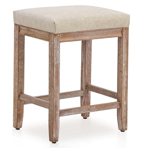 White Counter Height Bar Stools Set of 4, Faux Leather Seat, Wood Legs, 24" High