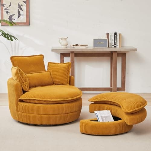 Yellow i-POOK Swivel Chair with Storage Ottoman & Pillows, Oversized Barrel Chair for Living Room