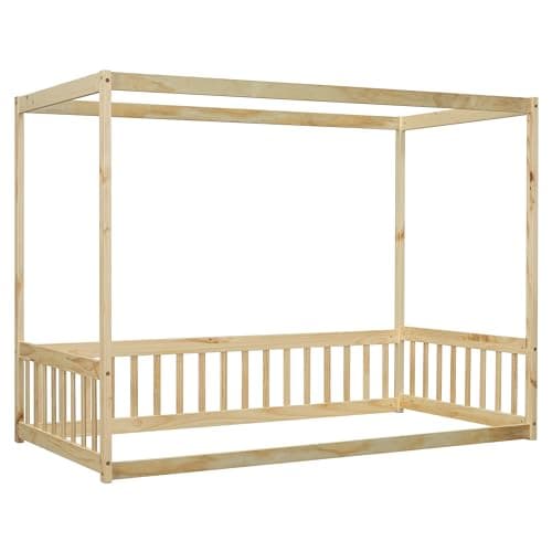 Twin Size Floor Bed Canopy Frame for Kids, Wood Fence, Natural, No Box Spring Needed
