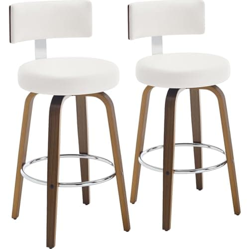 Mid Century Walnut Bar Stools Set of 4, Faux Leather Seat, 26" Height, White