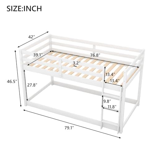 i-POOK Low Floor Twin Bunk Bed with Ladder & Guardrail, 400LBS Capacity, Easy Assemble, White