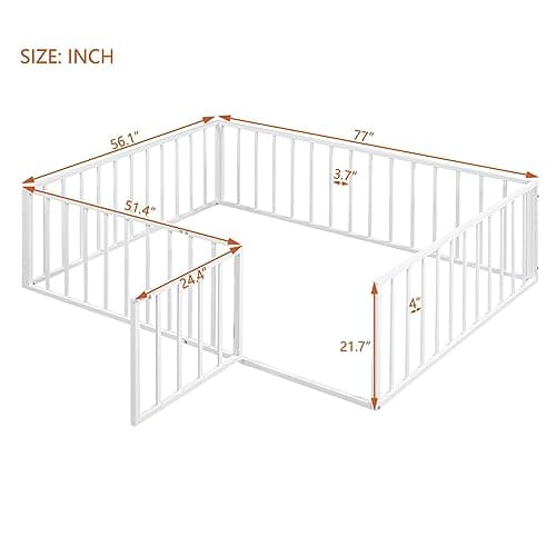 Full Size Metal Fence Bed with Door, Versatile Montessori, No Box Spring Needed, Easy Install, White