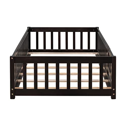 Twin Size Wood Montessori Bed with Convertible Door & Safety Guardrails for Kids, Espresso