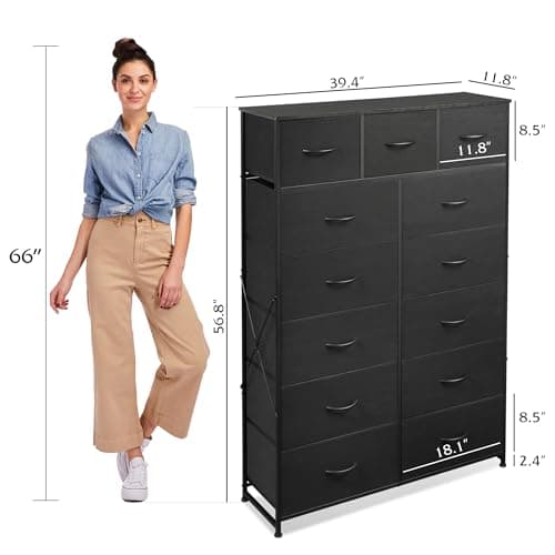 Charcoal Black Tall Dresser with 13 Drawers & Fabric Bins
