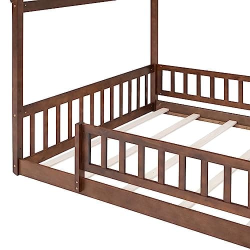 i-POOK Kids Full Size Montessori House Bed with Fence, Roof, Walnut Wood Frame