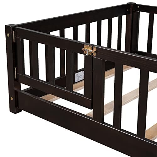 Twin Size Wood Montessori Bed with Convertible Door & Safety Guardrails for Kids, Espresso