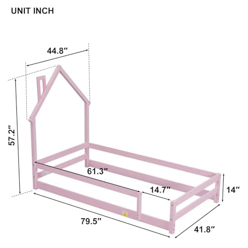 Wooden Montessori Twin Floor Bed with House-Shaped Headboard and Fence Guardrails, Pink