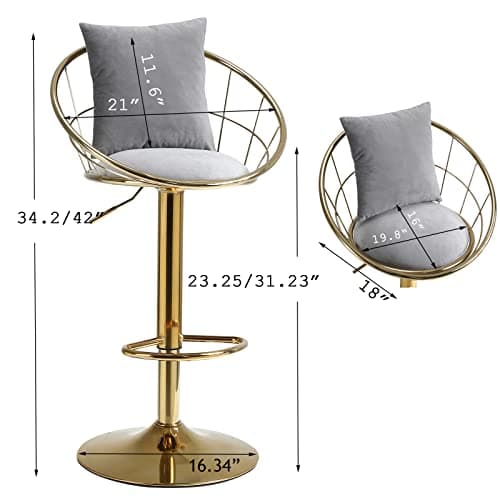 Swivel Bar Stools Set of 2 with Adjustable Height, Pillow, Back, Footrest - Grey Velvet Counter Height Bar Chairs