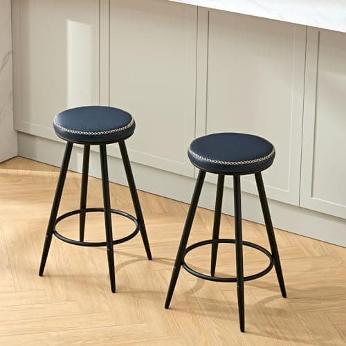 Navy Faux Leather Swivel Bar Stools Set 24"Kitchen Island (2PCS)