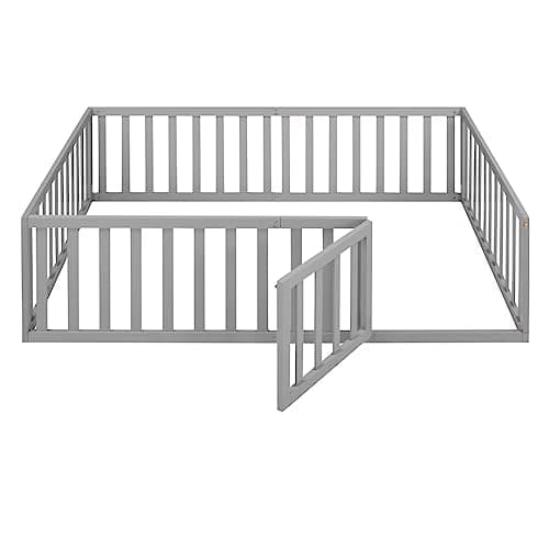 Full Size Montessori Floor Bed with Fence and Door, Grey Wood Daybed for Boys and Girls