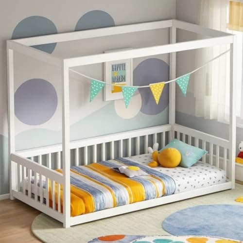 Montessori Safety-Fenced Floor Bed for Girls & Boys, No Box Spring Needed,Natural