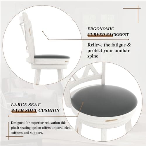 Antique White Swivel Bar Stools - High Back, Upholstered Seat & Solid Wood Footrest (Set of 2)