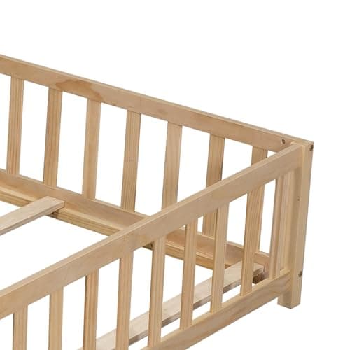 Bellemave Full Size Montessori Bed Frame with Door, Fence & Natural Wood