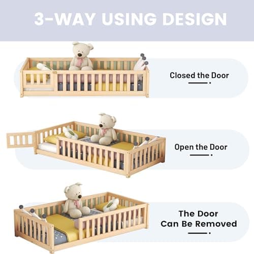 Wood Montessori Twin Floor Bed with Rails for Kids, Boys, Girls