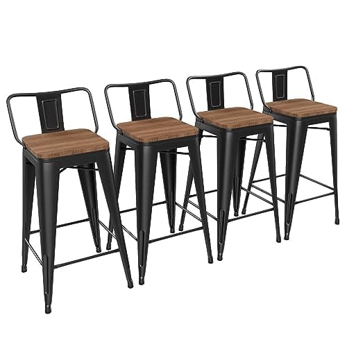 Yongchuang Matte Black Bar Stool Set of 4, 26 Inch Kitchen Counter Height