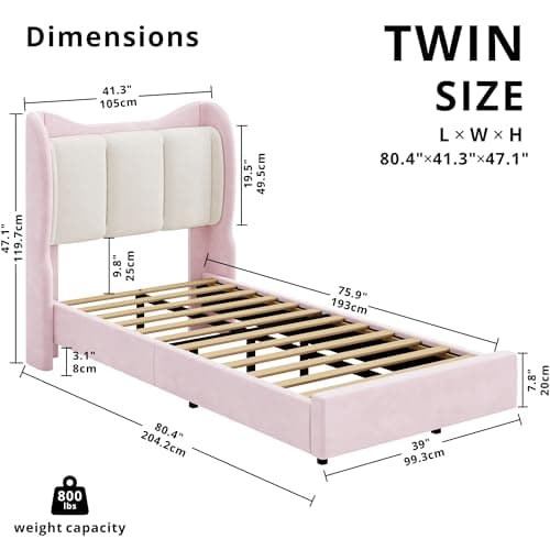 Twin Bed Frame with Headboard and LED Light, Velvet Upholstered - Pink