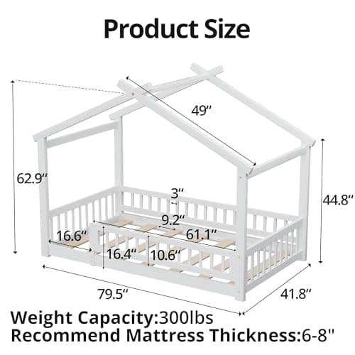 White Wooden Fence Twin Bed with Slats Support for Kids Bedroom