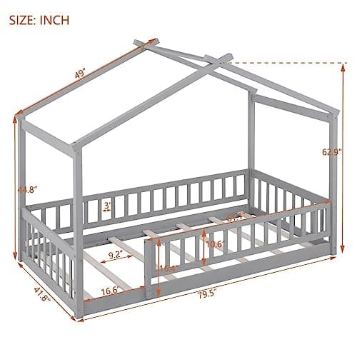 i-POOK Grey Wood Floor Bed with Fence & Roof for Kids